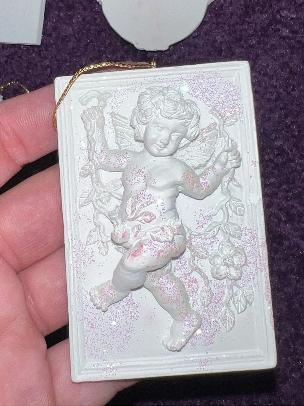 Vintage Baroque Ceramic Cherub Angel Holiday Christmas Ornaments White Glitter
